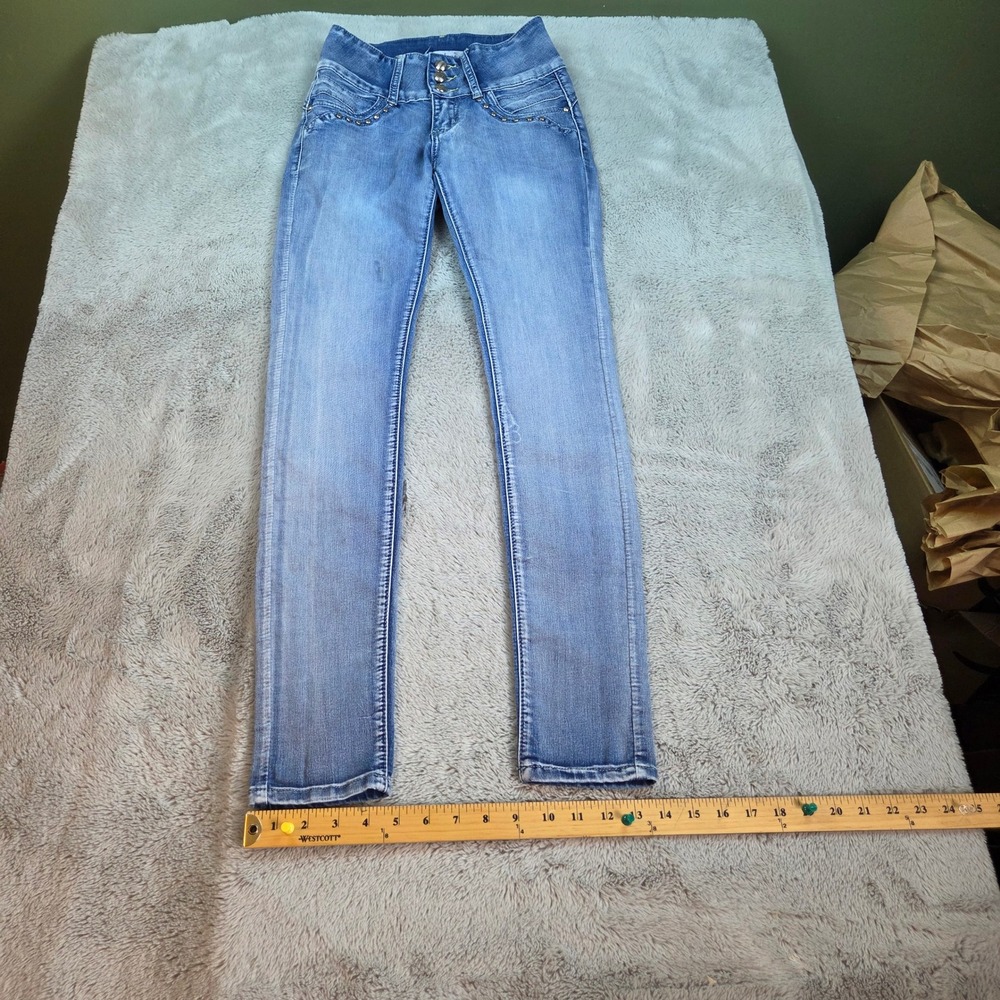 Vinizbena‎ Skinny Jeans Womens Sz 1 High Rise Studded Triple Button Blue